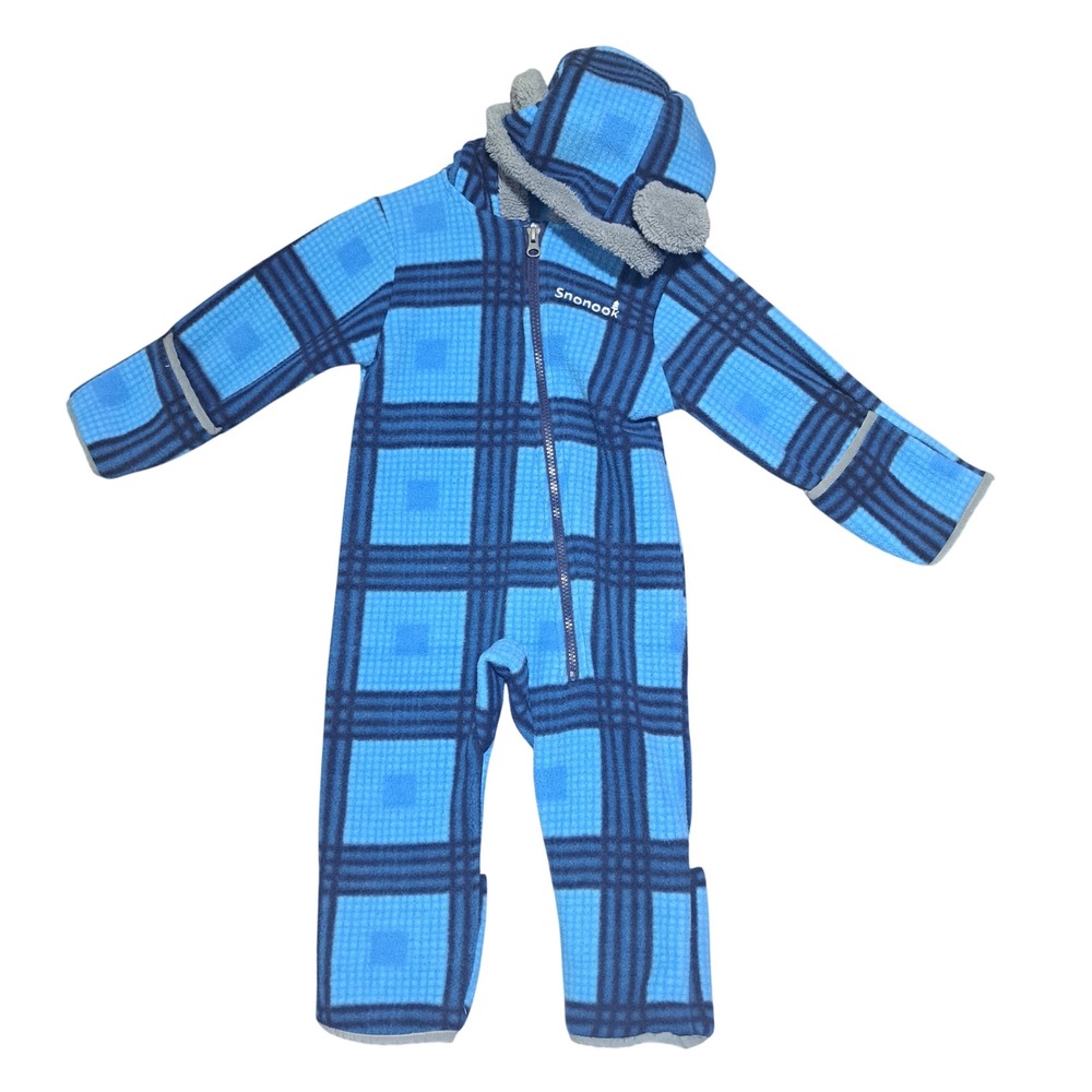 Snonook Blue Plaid Fleece Bunting Suit 12-18 Months Winter Warm Cozy Bear Ears